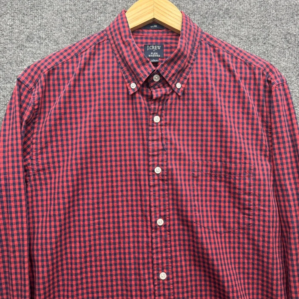 J.Crew Button-Down Shirt Mens Size L Red Navy Gingham Slim Fit Long‎ Sleeve Flex